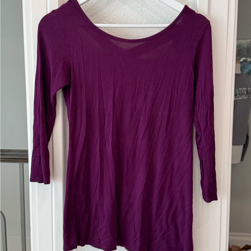 Loveappella Purple Crisscross Back 3/4 Sleeve Tunic Top